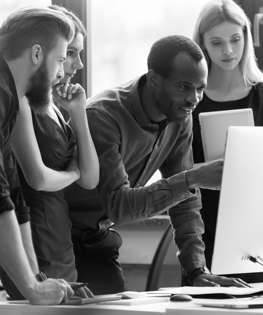 Group of young businesspeople in a meeting at office using computer